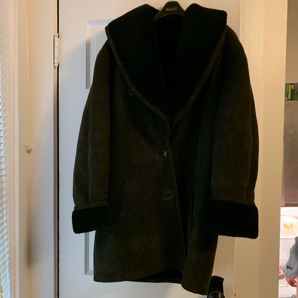 Black leather shearling coat
